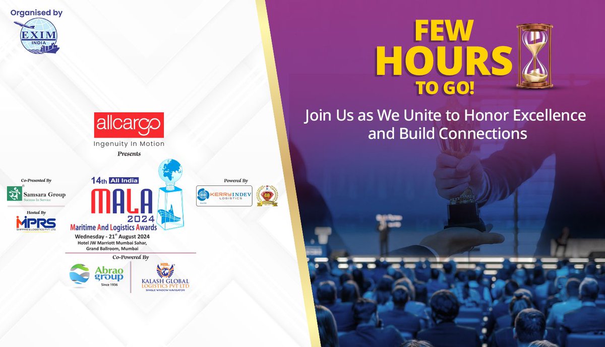 Exim_India's tweet image. 📅 Date: August 21, 2024  
📍 Venue: JW Marriott Mumbai Sahar, Grand Ballroom  

#MALA2024 #MaritimeExcellence #LogisticsLeadership #IndustryEvent #CelebrateSuccess #CountdownToGreatness