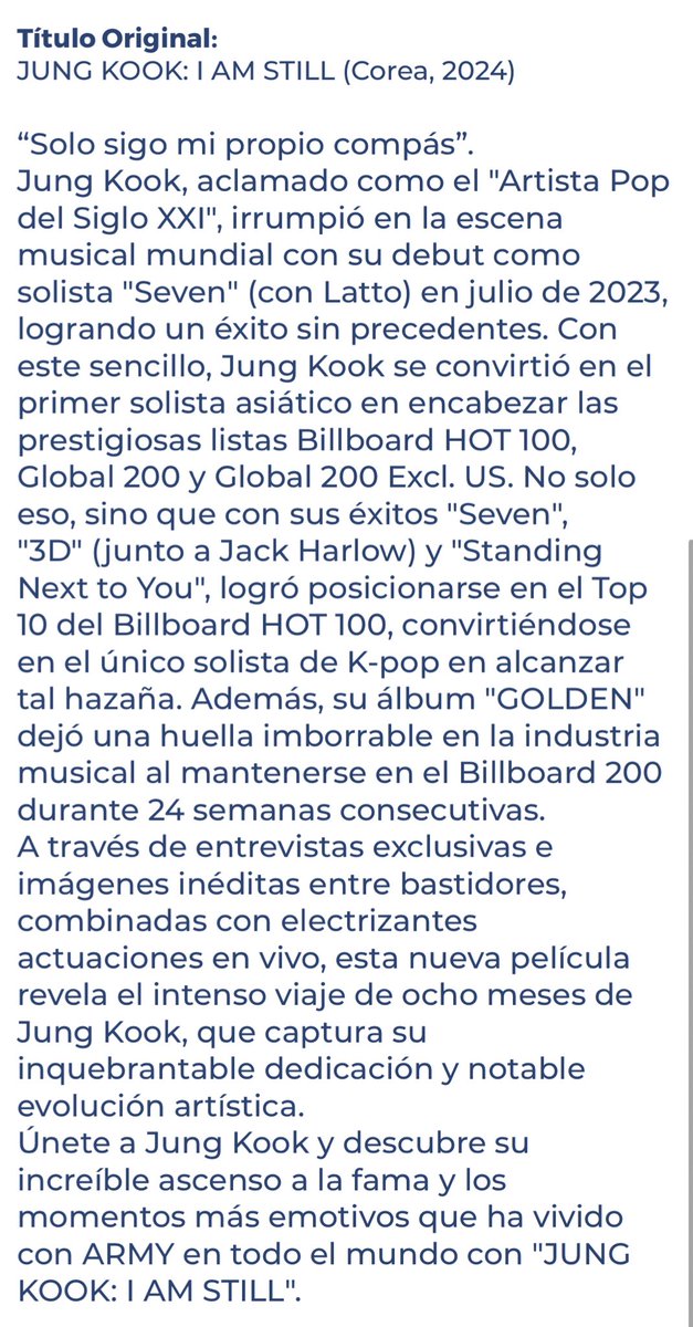 mxcharts's tweet photo. Inicio la preventa de “JUNG KOOK: I AM STILL” por medio de app/sitio  web en algunas salas de Cinépolis 🎟

#정국 #JungKook #JUNGKOOK_IAMSTILL https://t.co/KeiU1LSh4R