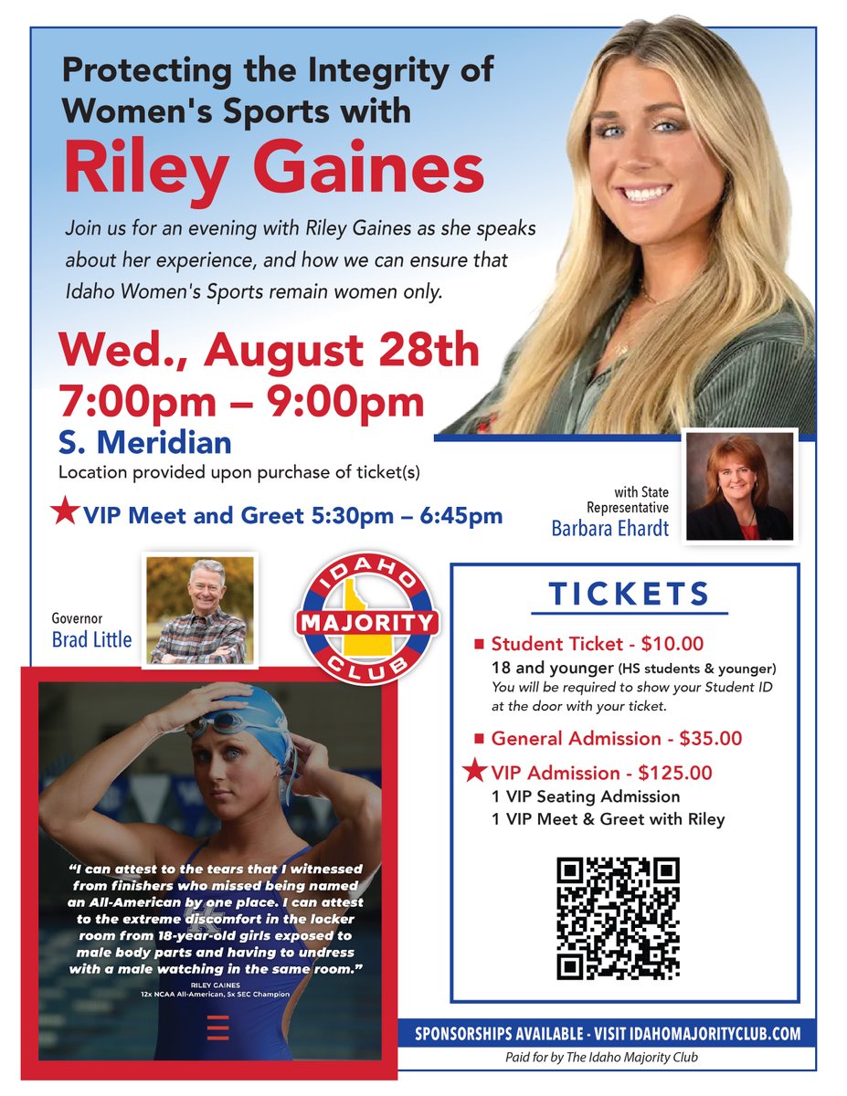 IDMajorityClub's tweet photo. Riley Gaines is coming to Meridian! Get your tickets and help support and protect Women's Sports! https://t.co/FRFQK8U2pP