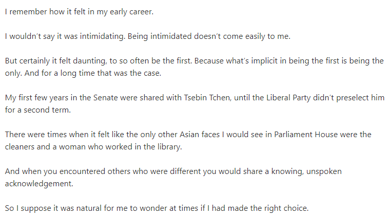stephendziedzic's tweet photo. Hasn't drawn huge attention but Penny Wong gave a really interesting and uncharacteristically personal speech on Monday. Spoke about diversity in political leadership, and her own early experience in parliament when the "only other Asian faces" were cleaners and a librarian 1/ https://t.co/UIivsODuq6