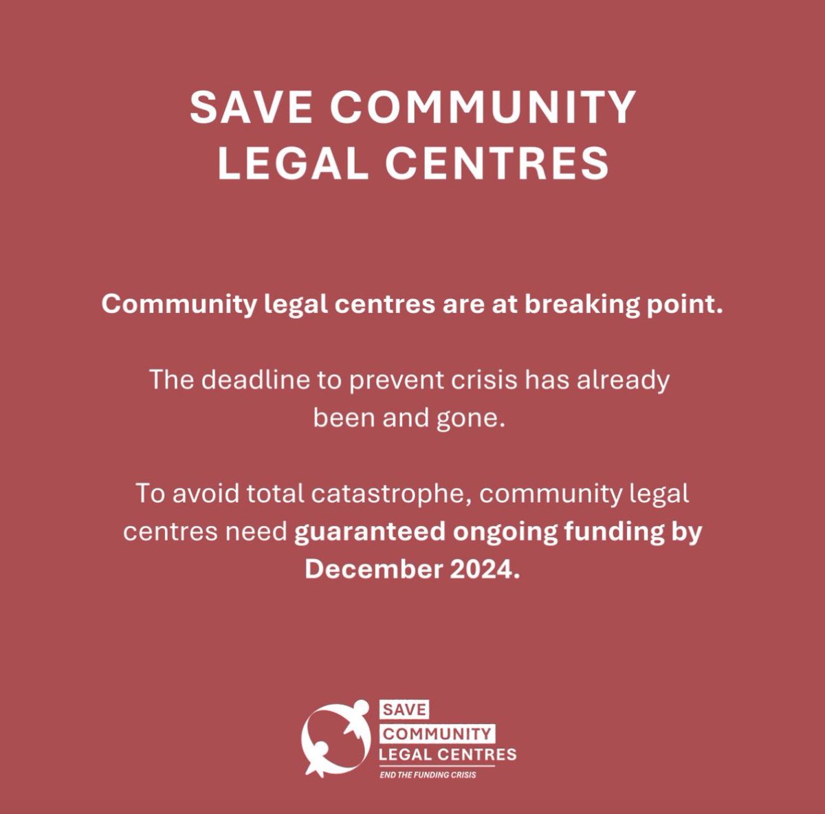 While the ASRC doesn’t receive federal funding it's essential to our CLC colleagues who do, and who provide critical services to 10,000s across the country. Community legal centres are at breaking point &amp; need guaranteed ongoing funding by December 2024 #SaveCommunityLegalCentres
