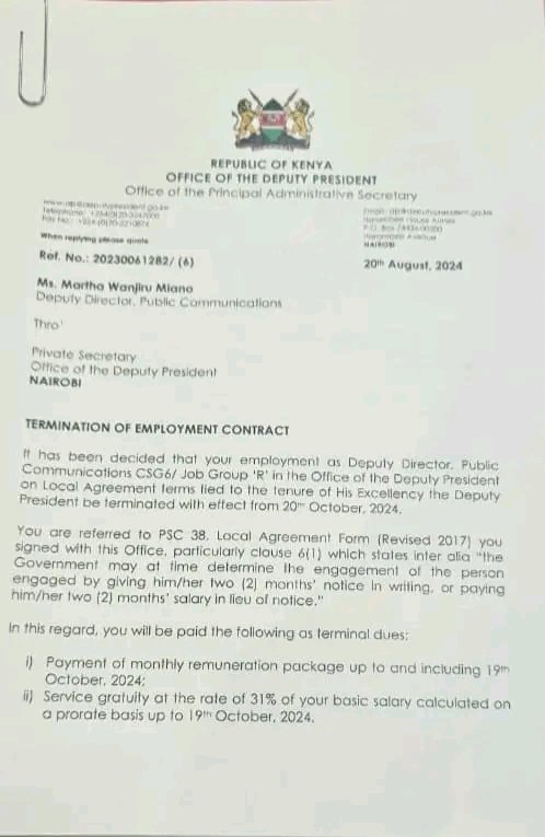 @youth254 (@meshyego2kiptoo) on Twitter photo Fired without being informed.
Found the letter through social media
Pole sis
<a href="/Marthamiano/">Martha JM Miano</a>
<a href="/rigathi/">Rigathi Gachagua</a> hakuna maneno ,Mungu mbele Fired without being informed.
Found the letter through social media
Pole sis
<a href="/Marthamiano/">Martha JM Miano</a>
<a href="/rigathi/">Rigathi Gachagua</a> hakuna maneno ,Mungu mbele