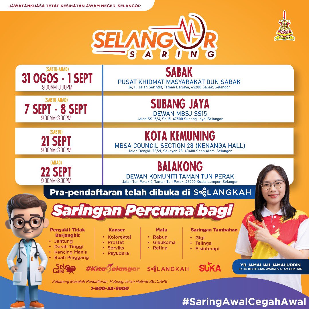 Kesihatan Awam Selangor (@kesihatanawam) on Twitter photo ๐ฃ ๐๐๐ฅ๐๐ง๐ ๐จ๐ซ ๐๐๐ซ๐ข๐ง๐ !
๐๐๐๐๐๐๐!
Jom ramai-ramai berkunjung ke lokasi program saringan kesihatan di kawasan berikut!
Jika terdapat sebarang masalah, hubungi:
Talian Hotline Selcare 1-800-22-6600
Jumpa anda di sana!
#SaringAwalCegahAwal ๐ฉบย
#KitaSelangor ๐ฃ ๐๐๐ฅ๐๐ง๐ ๐จ๐ซ ๐๐๐ซ๐ข๐ง๐ !
๐๐๐๐๐๐๐!
Jom ramai-ramai berkunjung ke lokasi program saringan kesihatan di kawasan berikut!
Jika terdapat sebarang masalah, hubungi:
Talian Hotline Selcare 1-800-22-6600
Jumpa anda di sana!
#SaringAwalCegahAwal ๐ฉบย
#KitaSelangor