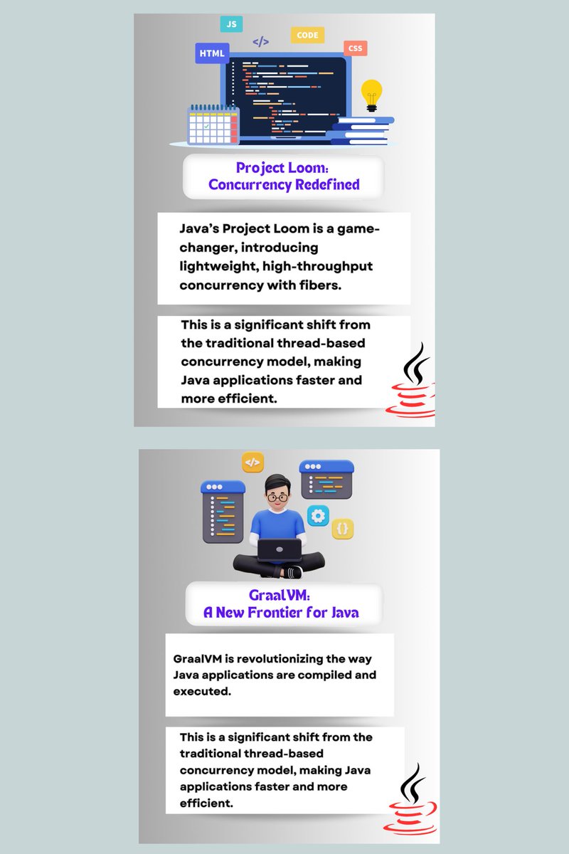 Surya_Infomatic's tweet image. ๐ Java is evolving faster than ever! us and Spring Cloud.
Javaโs future is brighter than ever!
#JavaInnovation #ProjectLoom #GraalVM #Java21 #CloudNative #ServerlessJava #TechUpdates #CodingLife #JavaCommunity #FutureOfCoding #SuryaInformaticsSolutions #TeamSuryaInformatics