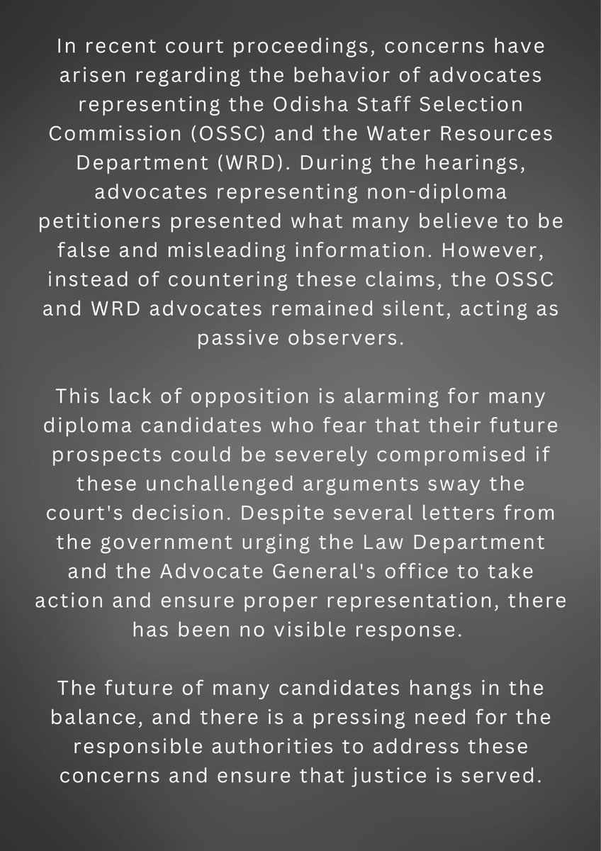 uedeaodisha's tweet photo. Respected Hon'ble Chief Minister @MohanMOdisha

Yesterday during final hearing of WPC No-226/2024 , the OSSC & DoWR advocates remained silent while false & misleading data was being presented by non-diploma petitioners in the courtroom! Their inaction jeopardizes the future of diploma candidates. Despite numerous letters from @DoWR to the Law Dept, there's no response. Aspirants deserve a strong representation of the state in the courtroom on tomorrow (22.08.2024) 2PM during Final Hearing. 

@CMO_Odisha
@PrithivirajBJP
@SecyChief
@_anugarg 
@IPR_Odisha
@AcharyaPitamba1
@abhayips86

#JusticeForDiplomaHolders #OSSC #Odisha