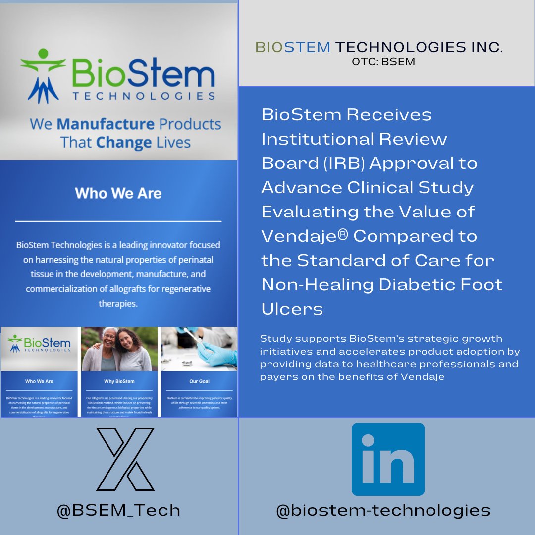prism_mediawire's tweet photo. $BSEM @BSEM_Tech BioStem Receives Institutional Review Board (IRB) Approval to Advance Clinical Study Evaluating the Value of Vendaje® Compared to the Standard of Care for Non-Healing Diabetic Foot Ulcers - Press Release: https://t.co/wOUVTzdDKw #BSEM #BioStemTechnologies #Woundcare #Healthcare #Vendaje #Biotechnology #OTC #OTCMarkets #StockMarket #PressRelease #PrismMediaWire