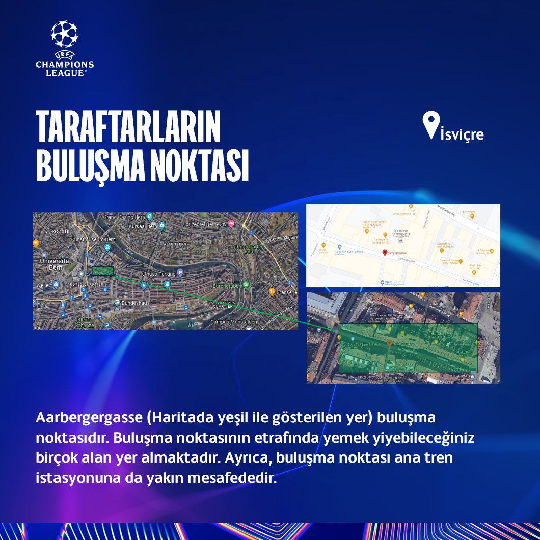 GalatasaraySK's tweet photo. 📣 İsviçre’deki Büyük Galatasaray Taraftarı'nın Dikkatine!

ℹ️ Taraftarlarımız, yerel saat ile 16.00’dan itibaren Bern şehir merkezindeki Aarbergergasse’de toplanacaktır. 

ℹ️ Young Boys ile oynayacağımız karşılaşma için kapı açılış saati yerel saat ile 19.30 olarak belirlenmiştir.

ℹ️ Buluşma noktasının yakınındaki Bollwerk durağından 20 numaralı otobüse binerek stadyuma ulaşabilirsiniz.

ℹ️ Taraftar yürüyüşleri genellikle yasaklanmış olup, İsviçre Ceza Kanunu uyarınca pankartlarda, bayraklarda, kıyafetlerde vb. siyasi veya şiddete teşvik mesajı yasaktır. Ayrıca siyasi mesajlar ileten veya şiddete teşvik eden her türlü tezahürat, sözlü ifade vb. bu kanun uyarınca yasaktır. Gereklilikler karşılanmadığı takdirde yetkililerin daha sıkı düzenlemeleri uygulama hakkına sahip olduğunu hatırlatmak isteriz. Yine İsviçre kanunlarına göre yerel otoritelerin bildiriminde meşale, maytap, torpil gibi maddelerin şehir içinde ve statta kullanılması kesinlikle yasaktır. Bu maddelerin kullanımı halinde kullanan kişiler gözaltına alınma yaptırımı ile karşı karşıya kalabilir.