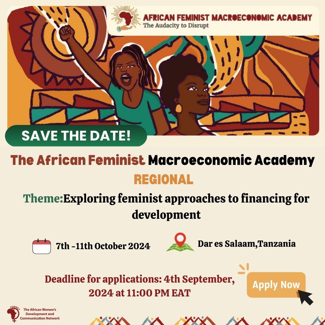 FemnetProg's tweet image. Calling all women&apos;s rights activists, journalists, and academics! 📣 Apply now for the African Feminist Macroeconomic Academy (AFMA) and be part of the change! ✊🏾
Link:bit.ly/AFMAapplicatio…
Theme: Exploring Feminist Approaches to Development Financing
  #Femonomics