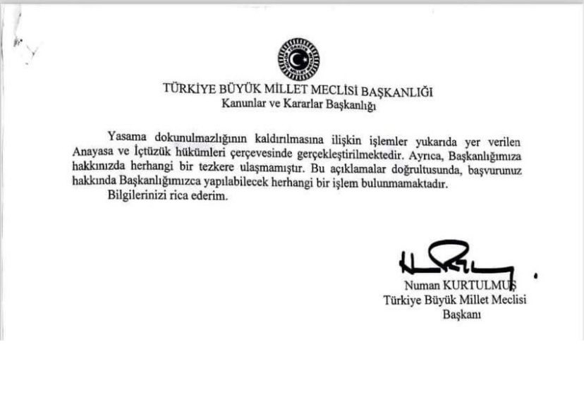 HANİ FEZLEKE, HANİ TEZKERE, NEREDE O SALLANAN DOSYALAR?
Eski İçişleri Bakanı SÜLEYMAN SOYLU’dan geliyor bu soru. 
Süleyman Soylu’nun dokunulmazlığının kaldırılması için verdiği dilekçeye Meclis cevap verdi.
TBMM Baskanı Numan Kurtulmuş imzasıyla verilen cevapta özetle şöyle