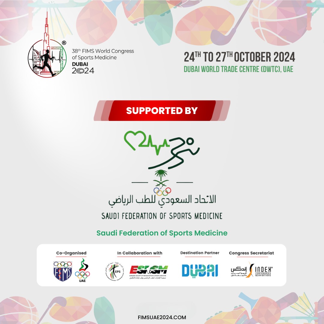 fimsdubai2024's tweet photo. We are excited to announce the support of the Saudi Federation of Sports Medicine (SFSM) for #FIMSDubai2024, happening on Oct 24-27, 2024, at DWTC, UAE. Join us in advancing sports medicine at this prestigious event.
https://t.co/kO8felHs8X

#FIMSDubai #SportsMedicine #SFSM #DWTC https://t.co/73cVJcY1DA