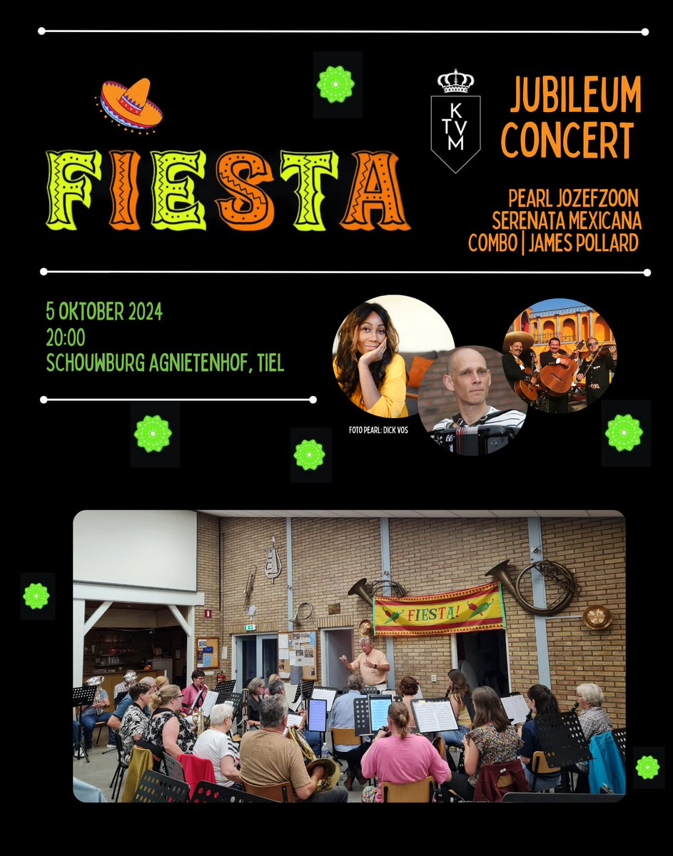 De meeste muzikanten zijn pas net terug van hun vakantie en zijn al weer hard aan de bak voor het jubileumconcert! 🎶🎺

Met Pearl Jozefzoon en Mariachi Seranata Mexicana belooft het een waar spektakel te worden 🎶

Bestel snel kaarten 🪕🪇 agnietenhof.nl/agenda/jubileu…

#fiesta #tiel