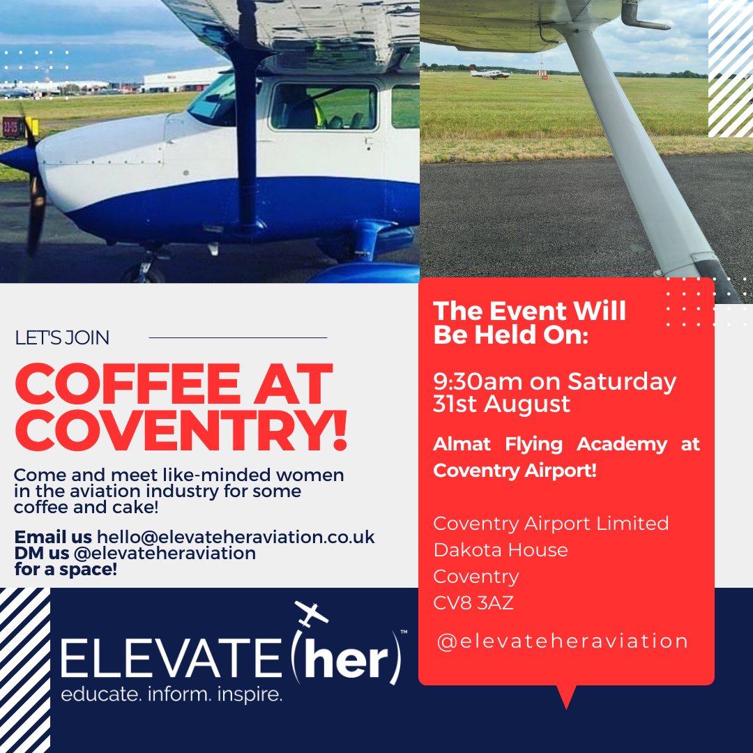 Women in Aviation & Aerospace Charter (@thewiaacharter) on Twitter photo Delighted to share an invite from our friends at <a href="/elevateher_av/">Elevate(her)</a> who are gathering women in the aviation industry for networking, coffee and cake at Almat Flying Academy at Coventry Airport.
To RSVP, email hello@elevateheraviation.co.uk or DM <a href="/elevateher_av/">Elevate(her)</a> hope to see you there! Delighted to share an invite from our friends at <a href="/elevateher_av/">Elevate(her)</a> who are gathering women in the aviation industry for networking, coffee and cake at Almat Flying Academy at Coventry Airport.
To RSVP, email hello@elevateheraviation.co.uk or DM <a href="/elevateher_av/">Elevate(her)</a> hope to see you there!