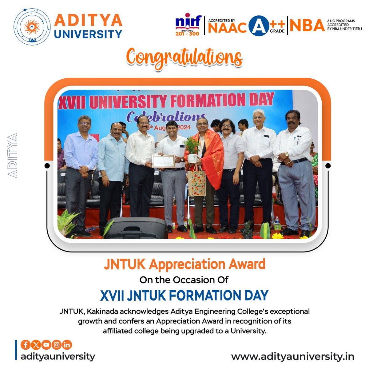 srmedapati's tweet photo. I am happy to share that JNTUK, Kakinada acknowledges Aditya Engineering College's exceptional growth and confers an Appreciation Award in recognition of its affiliated college being upgraded to a University.
Thank you, JNTUK!
#JNTUKAppreciationAward #UniversityStatus https://t.co/uvizYr6jO9