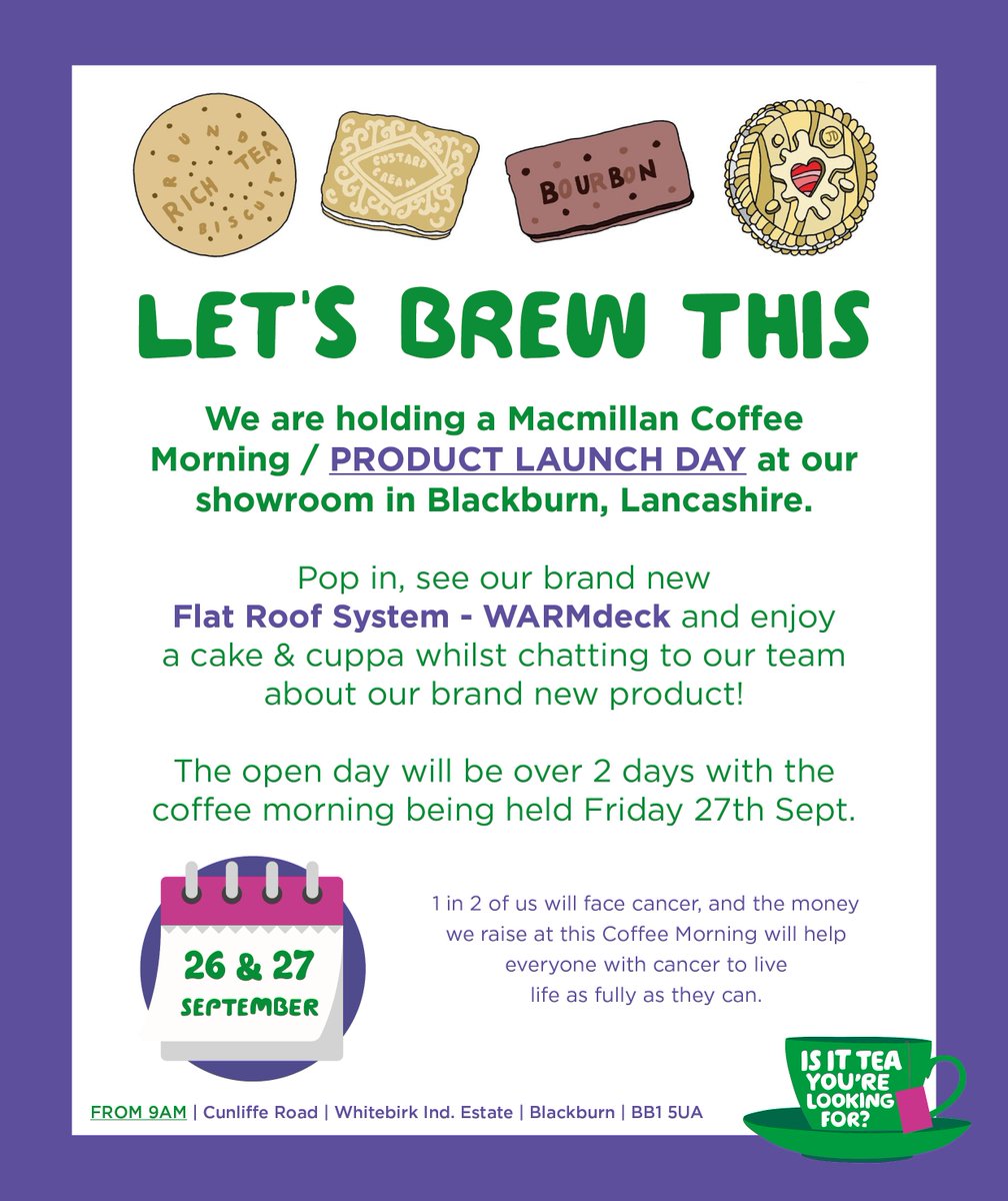 LET'S BREW THIS! 🍰🧁☕️

Introducing our 𝗕𝗥𝗔𝗡𝗗 𝗡𝗘𝗪 𝗣𝗥𝗢𝗗𝗨𝗖𝗧!

We are holding open days across 26th &amp; 27th Sept to introduce our newest product - 𝗪𝗔𝗥𝗠𝗱𝗲𝗰𝗸. Plus our annual Coffee Morning is being held on the Friday so come &amp; support us. 

#warmdeck #flatroof