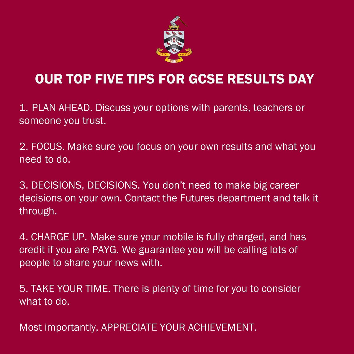 Our top five tips for GCSE students ahead of results day tomorrow.

#BromsResults #MyBromsResults #BromsGCSE #BromsFifthForm #GCSEResults #ResultsDay
