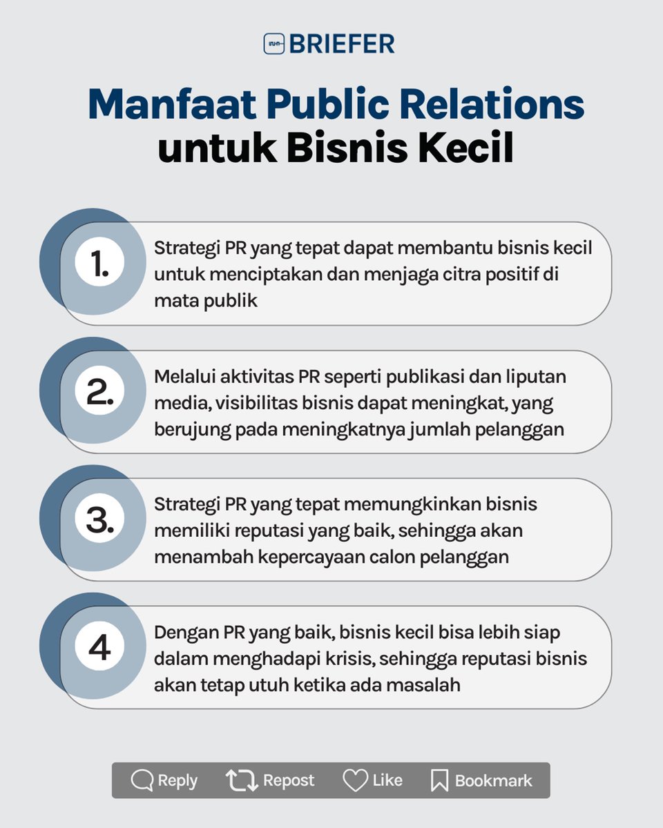 BrieferID's tweet photo. Kata siapa bisnis kecil gak butuh ilmu dan praktik PR?!

Padahal PR bisa diimplementasikan baik untuk bisnis besar maupun kecil, loh!

Ini dia beberapa manfaatnya~ https://t.co/4eMtJYhekO