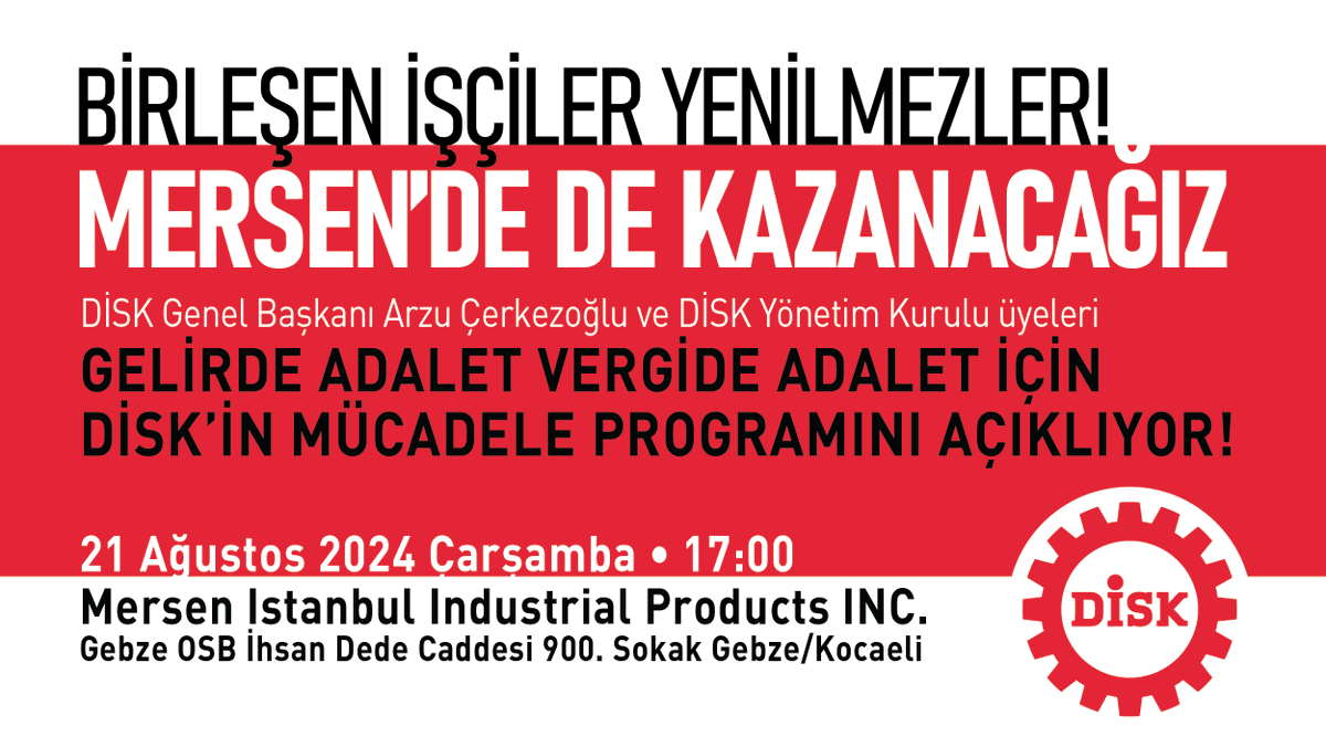 diskinsesi's tweet photo. DİSK Genel Başkanı Arzu Çerkezoğlu MERSEN Direnişi ziyaretinde “Gelirde Adalet Vergide Adalet” için DİSK’in mücadele programını açıklıyor!

📅21 Ağustos 2024 Çarşamba (Bugün)
🕔17.00
📍Mersen Istanbul Industrial Products INC.
Gebze OSB İhsan Dede Caddesi 900. Sokak Gebze/Kocaeli