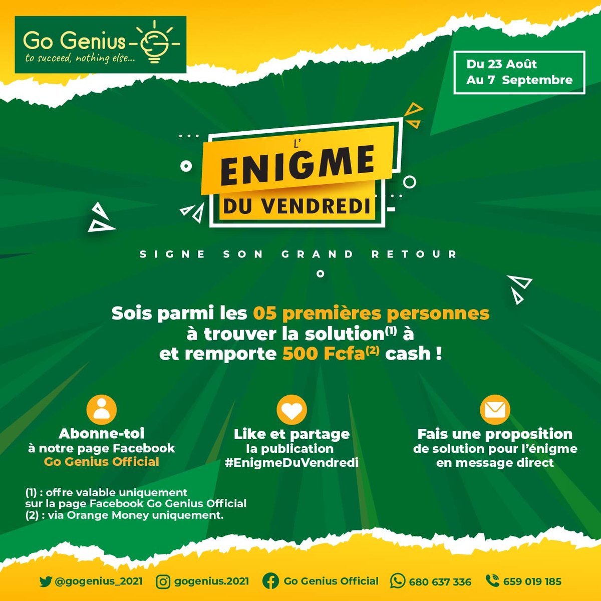gogenius_2021's tweet photo. L' #EnigmeDuVendredi fait son retour ce vendredi 23 août, alors abonne-toi à notre page Facebook Go Genius Official tout de suite et tiens-toi prêt ! 😉
https://t.co/EDAIuN2e54 https://t.co/jD1LcvpM5x