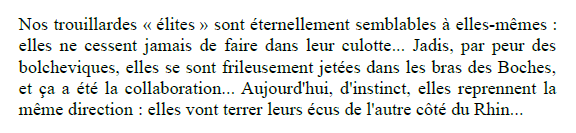 Une constante jusqu'à la fin de la présidence du général de Gaulle : sa critique des possédants qui font passer leurs intérêts financiers avant les intérêts de la Nation ("bourgeoisie", "élites").
Propos tenus au secrétaire d’État à l'Information Joël Le Theule en juillet 1968⬇️