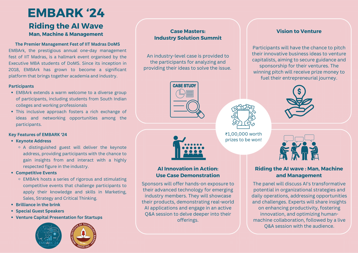 domsiitmadras's tweet photo. Get ready for an engaging and transformative experience at EMBArk 2024, DoMS @iitmadras' EMBA Program's flagship management fest!
  
#EMBArk2024 #AILeadership #IITMadras #DoMS #ManagementFest #Management #EMBA  (1/5) https://t.co/NPh1pW8w3m