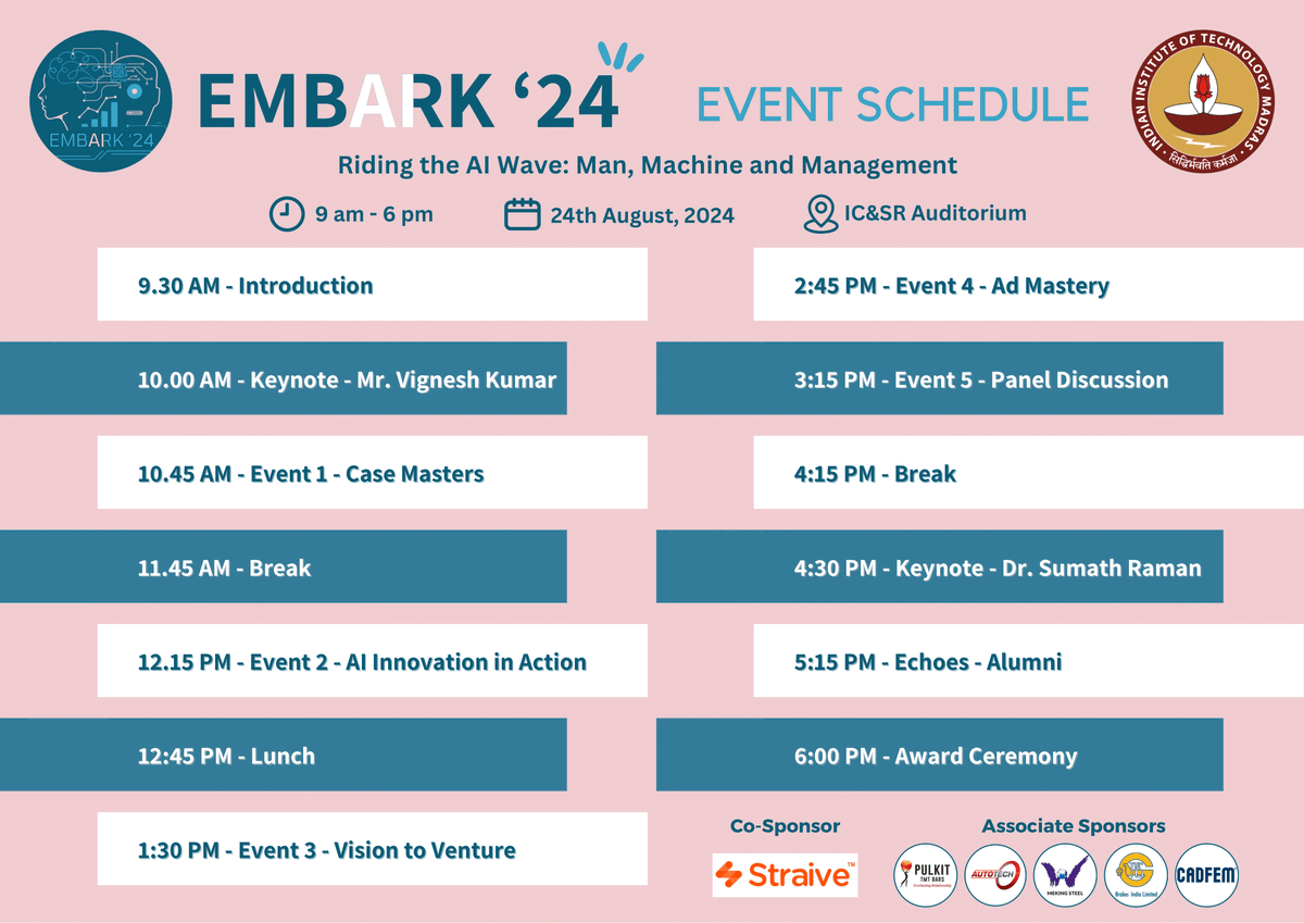 domsiitmadras's tweet photo. Get ready for an engaging and transformative experience at EMBArk 2024, DoMS @iitmadras' EMBA Program's flagship management fest!
  
#EMBArk2024 #AILeadership #IITMadras #DoMS #ManagementFest #Management #EMBA  (1/5) https://t.co/NPh1pW8w3m
