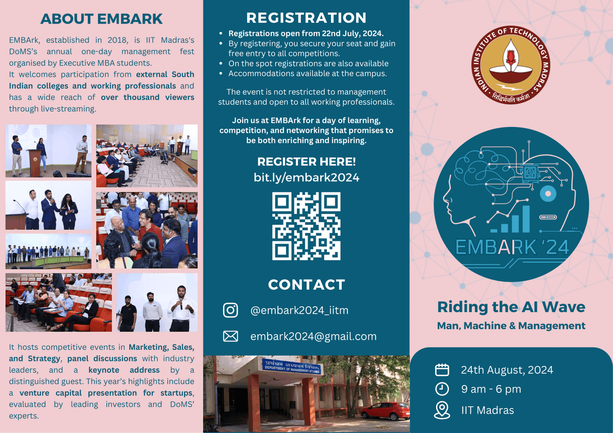 domsiitmadras's tweet photo. Get ready for an engaging and transformative experience at EMBArk 2024, DoMS @iitmadras' EMBA Program's flagship management fest!
  
#EMBArk2024 #AILeadership #IITMadras #DoMS #ManagementFest #Management #EMBA  (1/5) https://t.co/NPh1pW8w3m