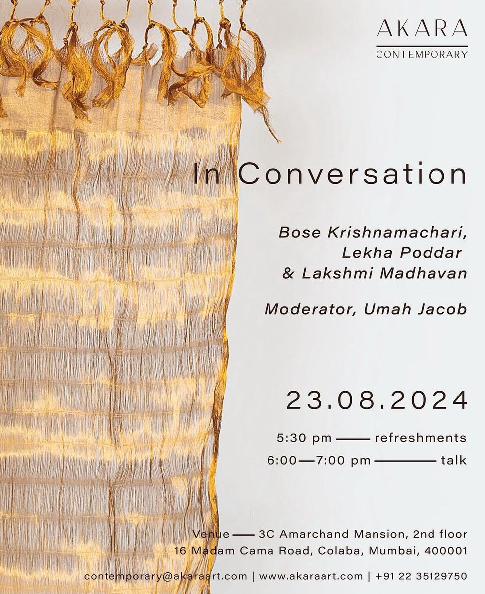 deviartfoundati's tweet photo. Not to miss if you're in Mumbai this Friday! 

Bose Krishnamachari, Lekha Poddar and Lakshmi Madhavan in conversation with Umah Jacob!

#Conversations #ArtTalk #TextileArt #India #ThingstodoinMumbai #Mumbai https://t.co/PAZJbGYTSl