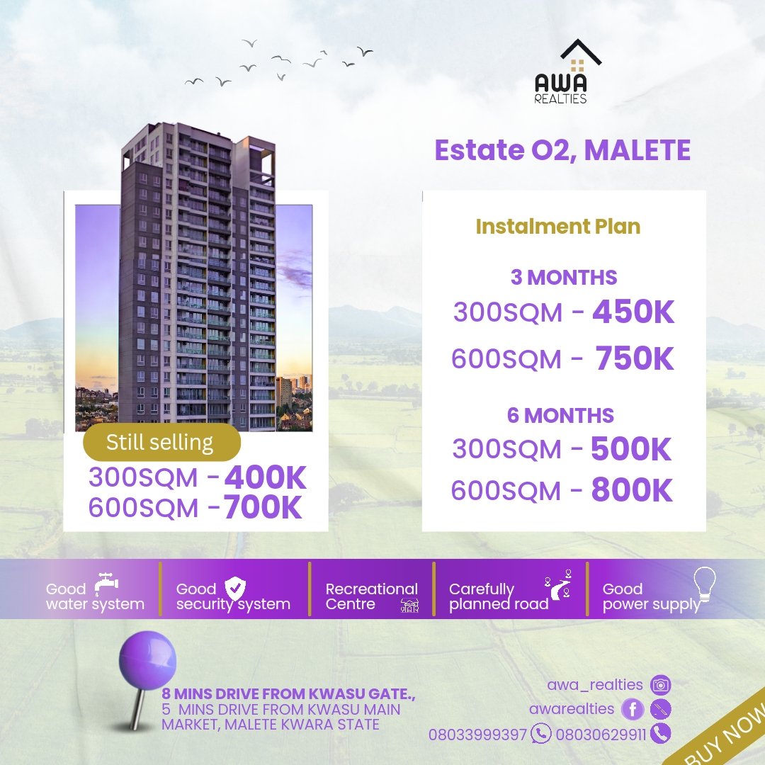 AwaRealties's tweet photo. You can't afford to lose this offer, sleeping on it is costlier.
Own a piece of earth's best gift, in the center of many profitable possibilities.
#awarealties #malete #kwarailorinrealestate #explore https://t.co/dGF044ETUl