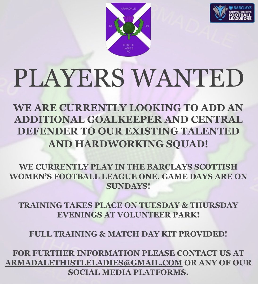 Armadale Thistle Ladies (@armadaleladies) on Twitter photo π΅βͺοΈ Players Wanted π΅βͺοΈ
Armadale Thistle Ladies are looking for an additional goalkeeper & central defender to add to our squad. 
Details below β¬οΈ π΅βͺοΈ Players Wanted π΅βͺοΈ
Armadale Thistle Ladies are looking for an additional goalkeeper & central defender to add to our squad. 
Details below β¬οΈ
