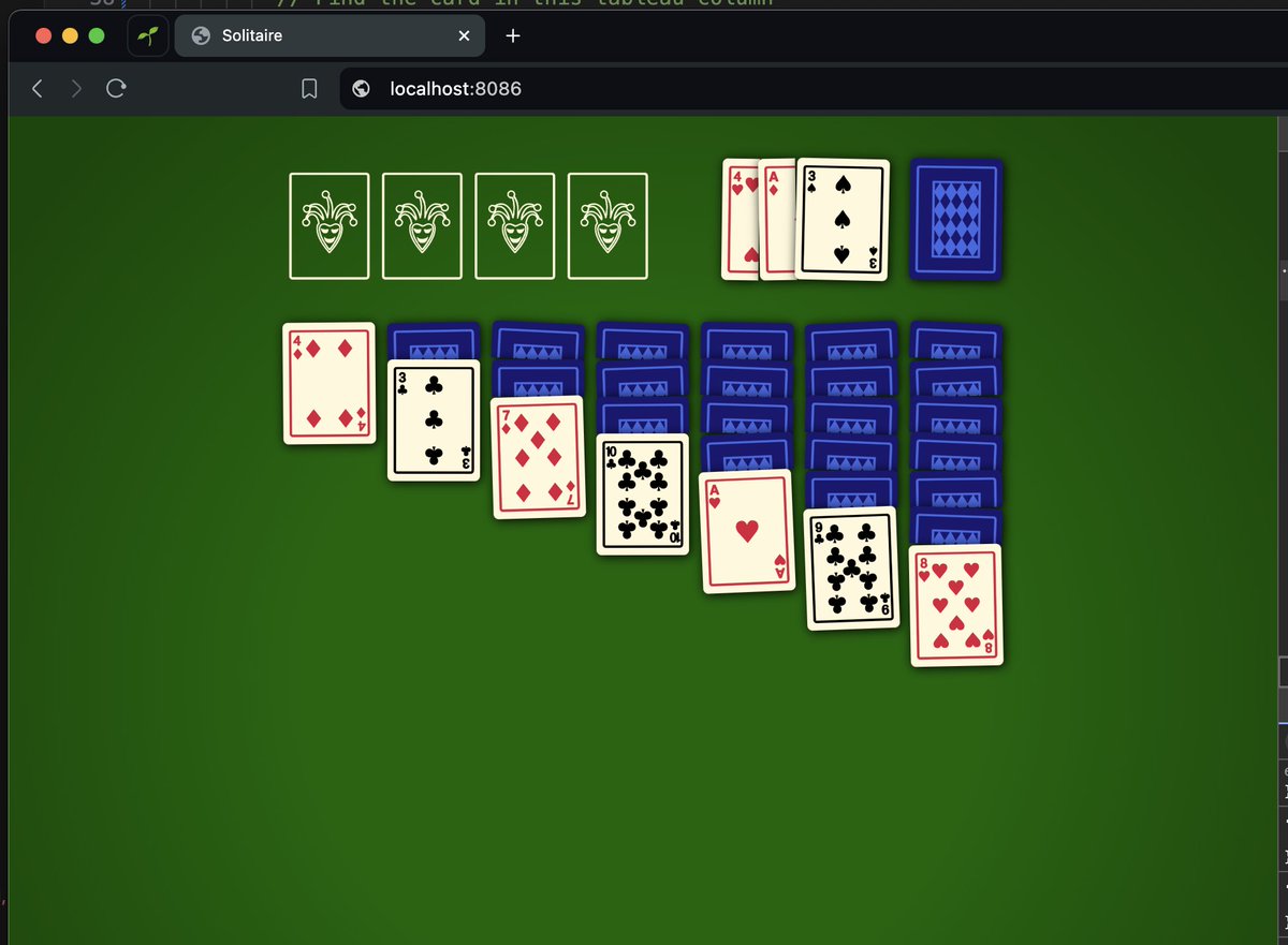 lean8086's tweet photo. I fixed the most annoying problem in solitaire games (?)

I'm working on this solitaire to practice some React concepts, and I added a random CSS rotation to the cards (between 3 and -3 degress).

Suddenly, it doesn't look overly tidy anymore. https://t.co/e744iGpOPC