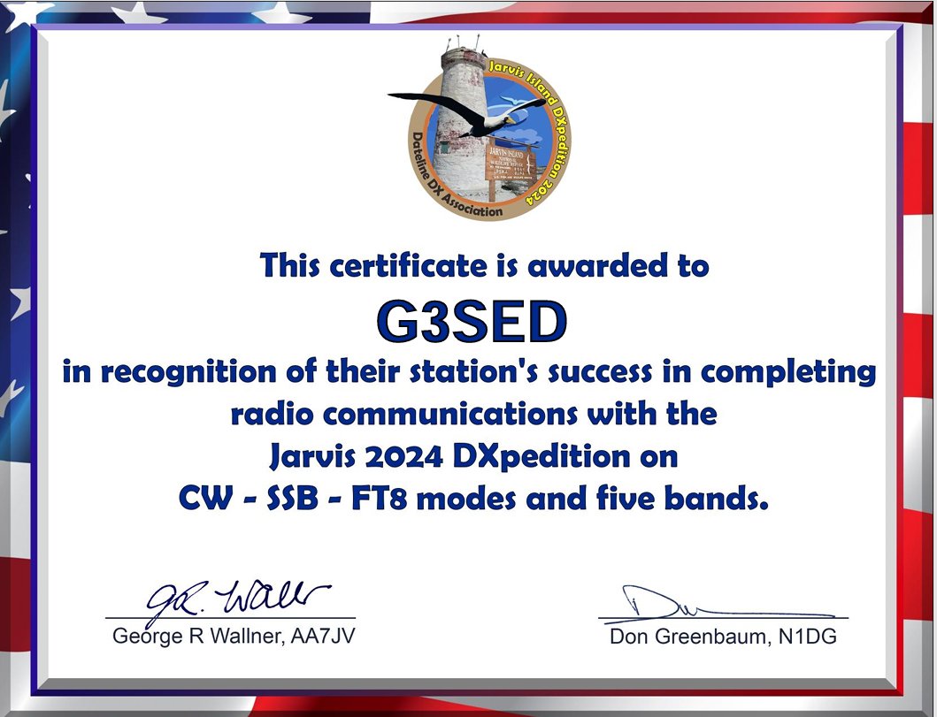 NevadaRadio's tweet photo. The N5J Jarvis Island DX-pedition certificate awarded for contacts on 5 bands & 3 modes. It was very tough going, did you copy them on any band ?
.
.
#radiocommunications #hamradioamateur #radioamateur #hamoperator #hamradiooperator #dxpedition #hamr #qrznow #hamr #amateurradio https://t.co/GWd0I33mEc