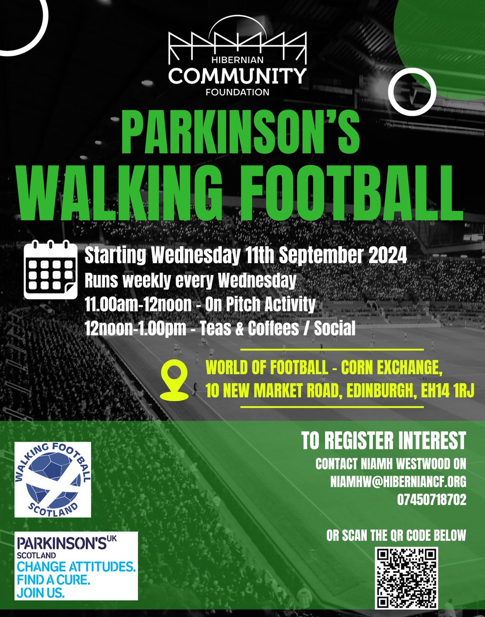 Hibernian Community Foundation (@hibsincommunity) on Twitter photo Hibernian Community Foundation will be offering Parkinson's Walking Football from Wednesday 11 September! ⚽
Full information can be found below 👇
To register, please contact niamhw@hiberniancf.org 💚 Hibernian Community Foundation will be offering Parkinson's Walking Football from Wednesday 11 September! ⚽
Full information can be found below 👇
To register, please contact niamhw@hiberniancf.org 💚