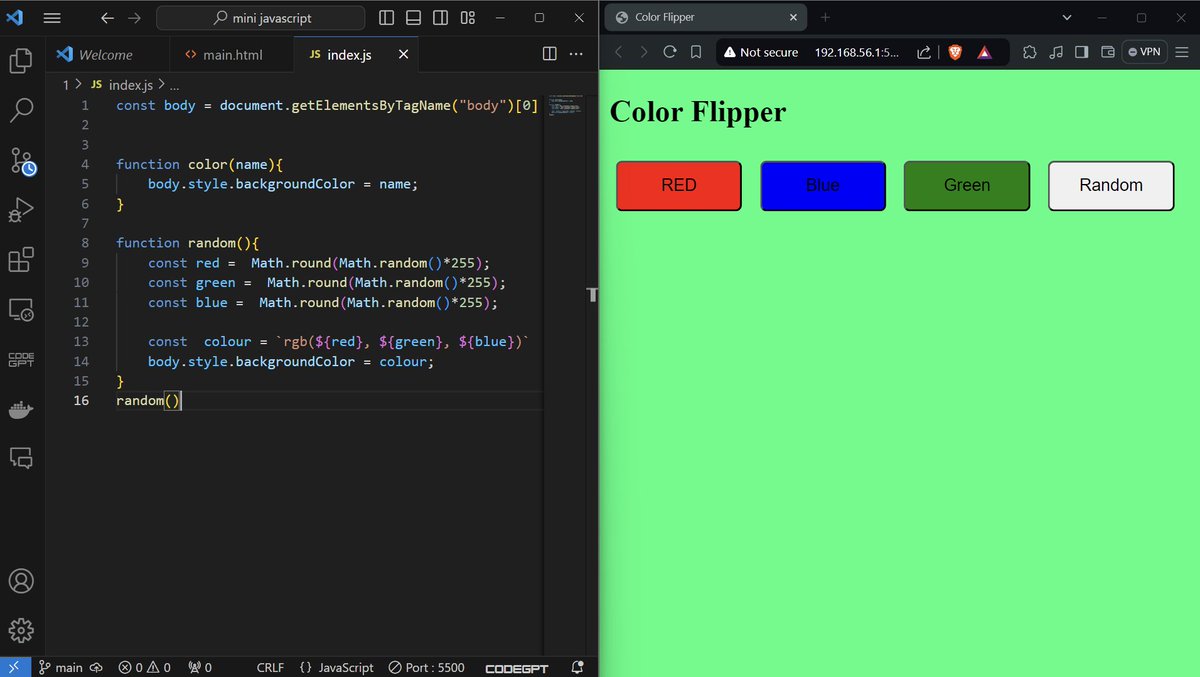 RohitPimpale49's tweet photo. Today's progress:  
✨ Learned intermediate JavaScript  
🎨 Built a Color Flipper web application  
💻 Completed some more exercises  

Loving the journey so far! #JavaScript #WebDevelopment #CodingJourney https://t.co/cCTo7CS48b