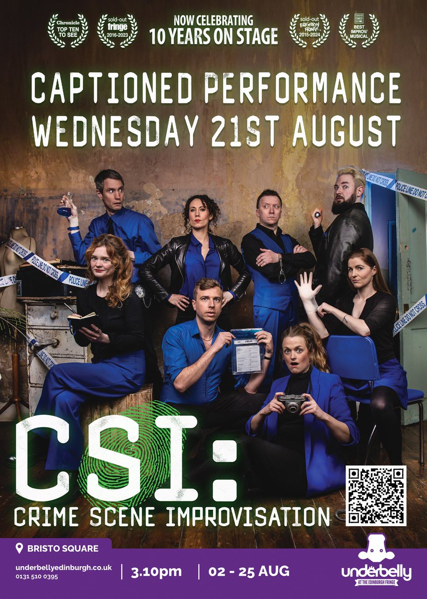 CSI Edinburgh. 

Mirth meets murder in the world's daftest AWARD-WINNING comedy whodunnit.

Captioned performance Wed 21 Aug 3:10pm <a href="/FollowTheCow/">Underbelly Edinburgh</a> Underbelly.

No one knows who the killer is, not even the cast.

#UnleashYourFringe <a href="/EdinDeafFest/">Edinburgh Deaf Festival</a> <a href="/stenomum/">Claire Hill</a>
underbellyedinburgh.co.uk/event/csi-crim…