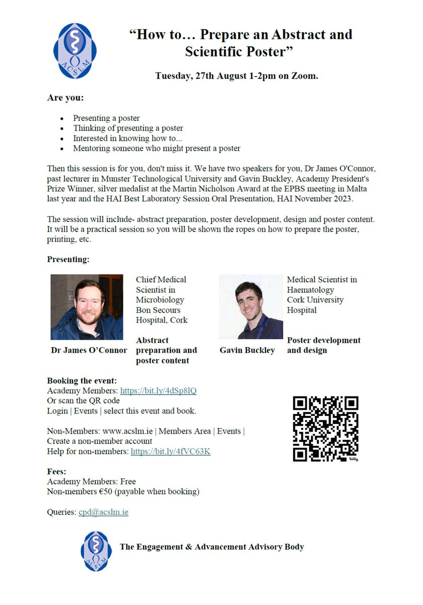 ACSLM CPD Officer: Leo Mulvany (@acslm_cpd) on Twitter photo ACSLM Webinar: "How to...Prepare an Abstract and Scientific Poster". You don't want to miss this!
On Zoom, Tuesday 27th August, 1-2pm.
Details & Reg: bit.ly/3Ay5T2x
#medicalscience #medicalscientists #mlsa #clinicalscience <a href="/TUDub_Biology/">School of Biological, Health & Sports Sciences</a> <a href="/ATU_GalwayCity/">ATU Galway City</a> <a href="/BioSci_MTU/">Biological Sciences - MTU</a> ACSLM Webinar: "How to...Prepare an Abstract and Scientific Poster". You don't want to miss this!
On Zoom, Tuesday 27th August, 1-2pm.
Details & Reg: bit.ly/3Ay5T2x
#medicalscience #medicalscientists #mlsa #clinicalscience <a href="/TUDub_Biology/">School of Biological, Health & Sports Sciences</a> <a href="/ATU_GalwayCity/">ATU Galway City</a> <a href="/BioSci_MTU/">Biological Sciences - MTU</a>