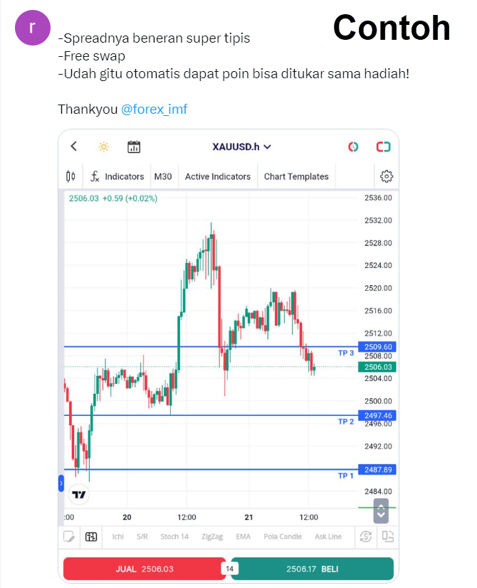 forex_imf's tweet photo. Mimin mau info event menarik nih
"Golden Review Battle"!

Hadiahnya bisa masuk grup VIP telegram FOREXimf!

Utk gabung grup VIP harusnya min deposit 2,5jt!
Tapi kalo menang event ini bisa join VIP dgn min deposit 140rb aja! 

Langsung ikut yuk Sobs!!

#QuickPro #tradingforex https://t.co/ZHUW3vzKoa
