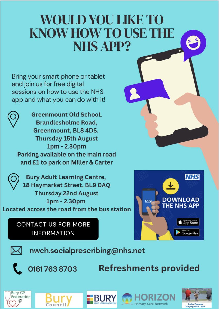 older_team's tweet photo. Horizon PCN have put together some free sessions around how to use the NHS app!  

Join them in August to learn how to use the app and the benefits of it. 

If you have any questions or would like more information, please contact the details below.  

#socialprescribing https://t.co/mU0FjFclJW