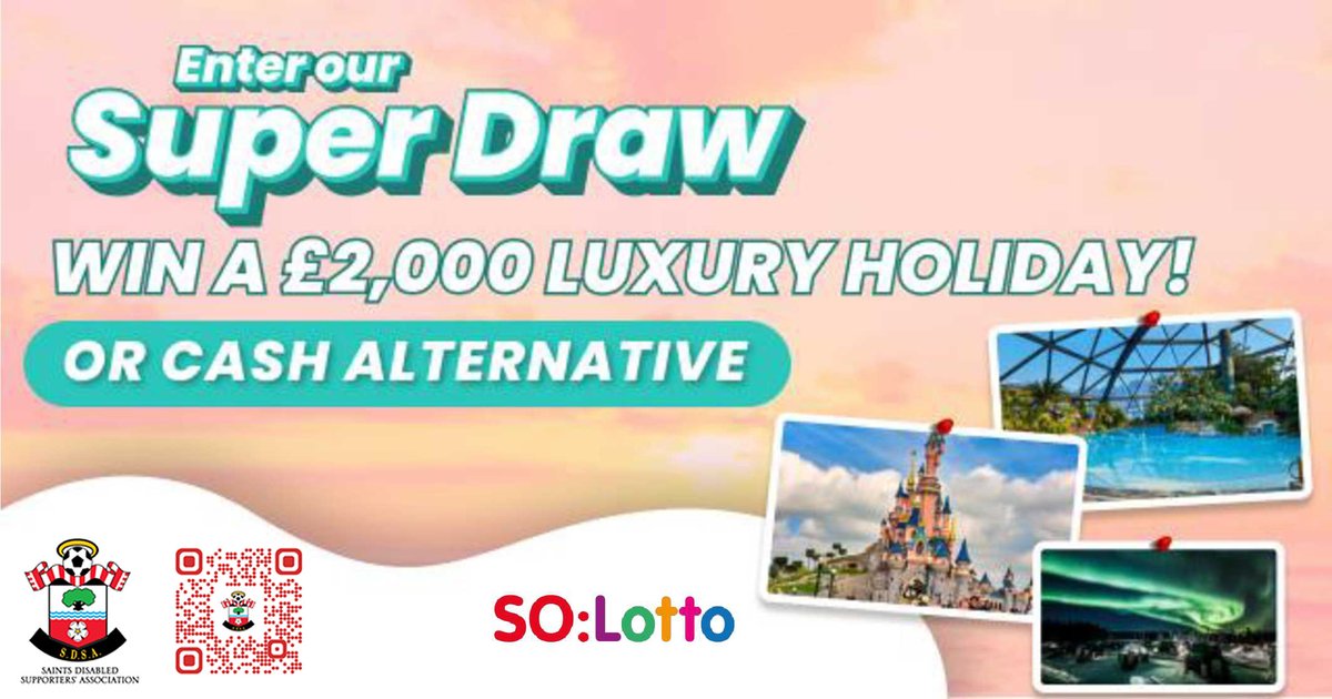 SaintsDSA_2010's tweet photo. Fancy a £2000 luxury holiday?  If you buy a SO:Lotto ticket by Saturday 31st you could be off on a holiday to wherever you want.  Buying a £1 ticket helps raise funds for the SDSA and the main draw has prizes up to £25,000!  https://t.co/t0FvdWpcuC https://t.co/zDTELmLApr