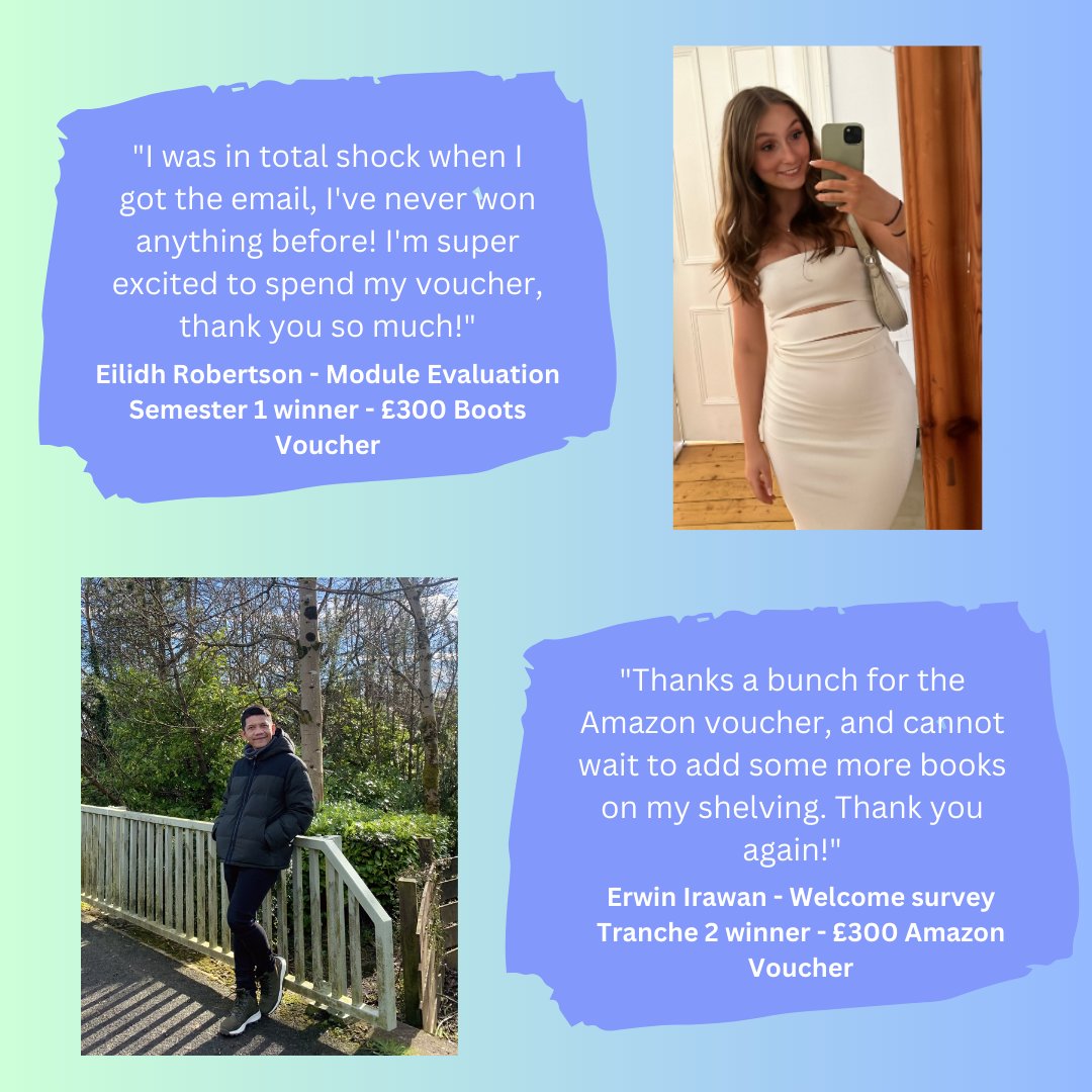 StudentSurveys1's tweet photo. The new semester is around the corner, which means we wanted to share the reactions of our 23/24 academic year prize winners🎉

Congratulations once again to our winners and a big thanks to everyone who participated in surveys this year - your feedback helps make a difference! https://t.co/NVvnZ2KLoF