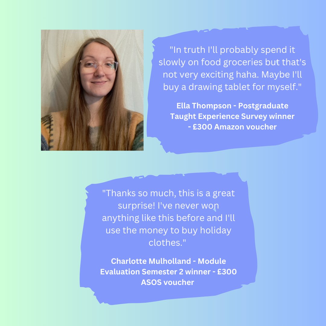 StudentSurveys1's tweet photo. The new semester is around the corner, which means we wanted to share the reactions of our 23/24 academic year prize winners🎉

Congratulations once again to our winners and a big thanks to everyone who participated in surveys this year - your feedback helps make a difference! https://t.co/NVvnZ2KLoF