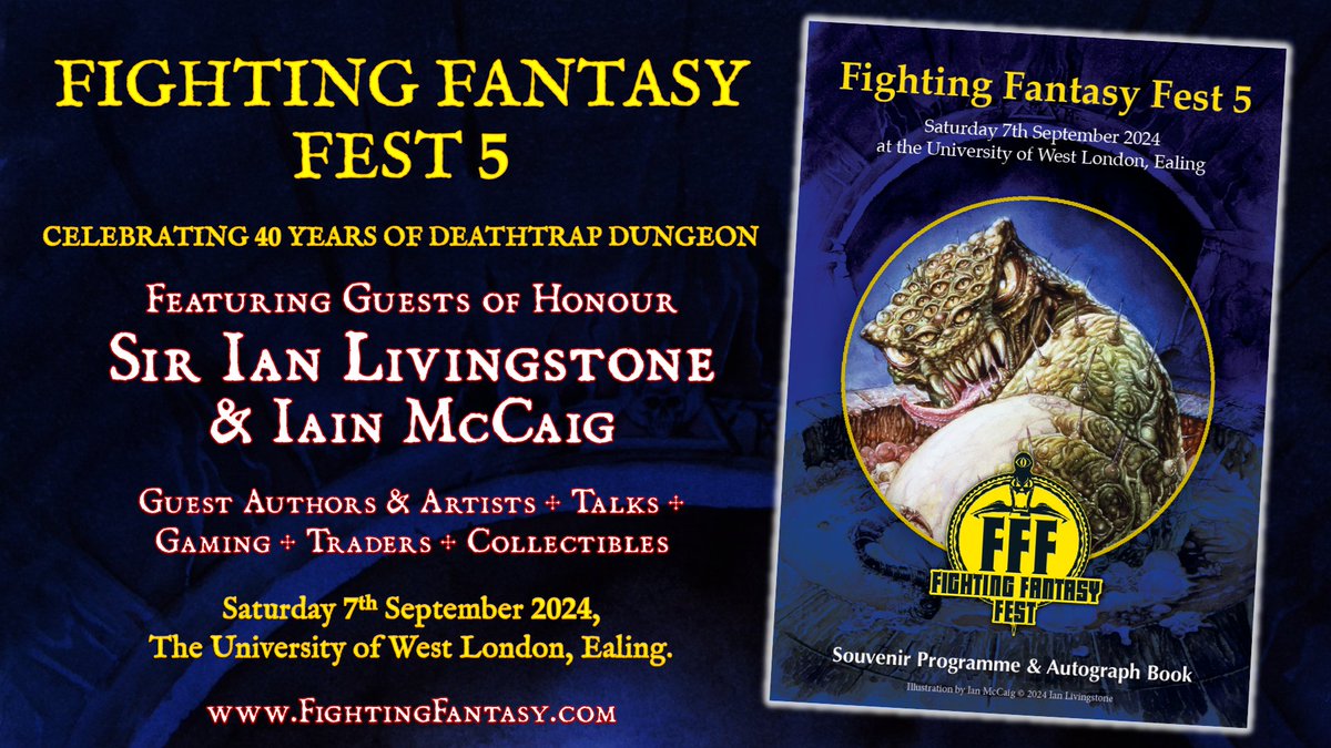 fightingfantasy's tweet photo. Fighting Fantasy Fest 5 is taking place in just over 2 weeks and tickets have almost completely sold out! https://t.co/rYjwvtbnfa #FFFest5 #fightingfantasy #gamebooks @ian_livingstone https://t.co/oD7JLl9xVa