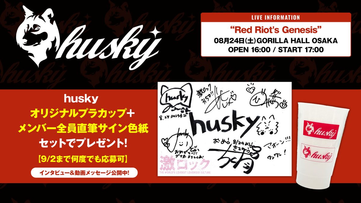 フォロー＆RPで応募】 huskyオリジナルプラカップ＋メンバー全員直筆