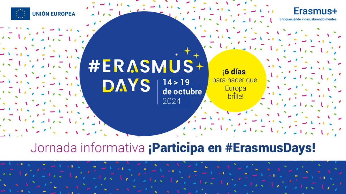 📣 Jornada informativa ¡Participa en #ErasmusDays!
6⃣ días para hacer que Europa brille.
Jornada abierta a todos los centros e instituciones de todos los sectores educativos.

🗓️ 5 de septiembre. 
Inscripciones hasta el 3 de septiembre ▶️ sepie.erasmusplus.gob.es/comunica/2024/…