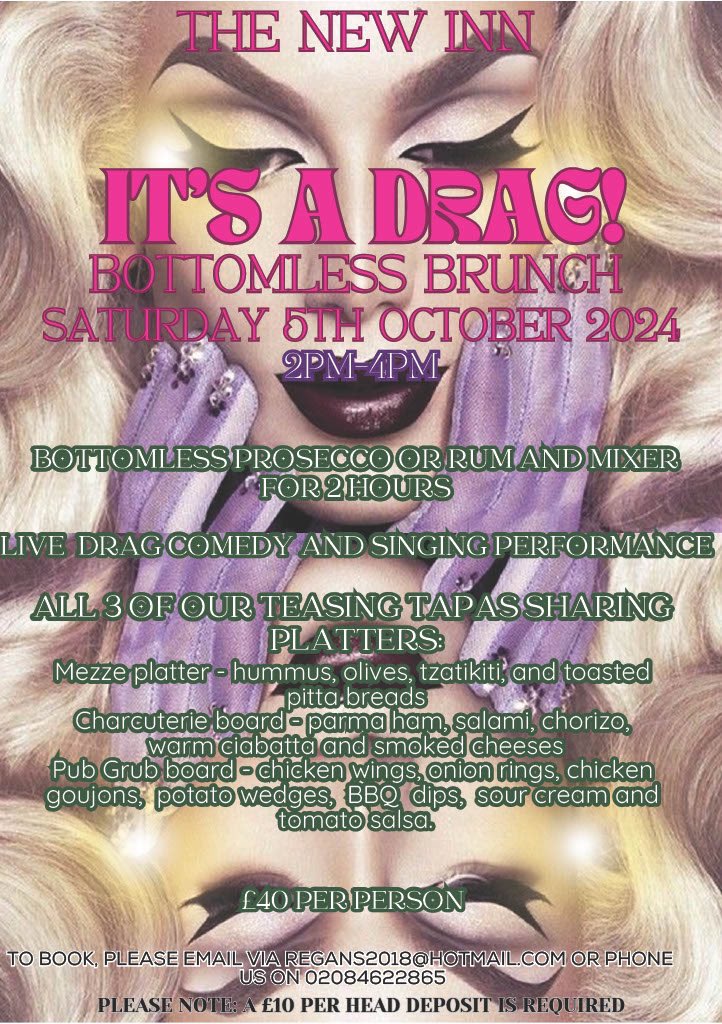 IT’S A DRAG! BOTTOMLESS BRUNCH! IT WAS SO GOOD THE FIRST TIME WE HAD TO DO IT AGAIN!!!

JOIN US FOR BOTTOMLESS DRINKS &amp; TAPAS, LIVE DRAG COMEDY &amp; SINGING PERFORMANCE! DON’T MISS IT AGAIN! EMAIL OR CALL US TO GET YOUR TICKETS NOW!