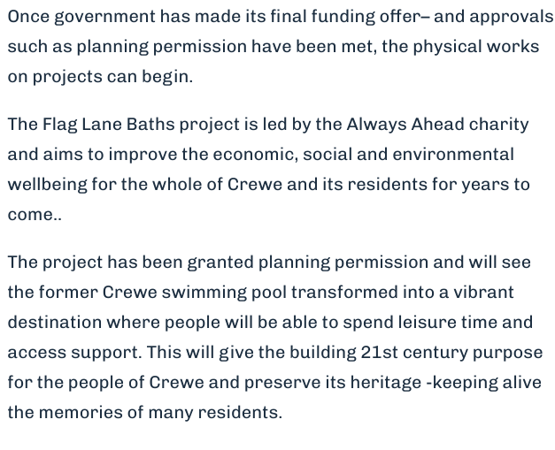 CrewePov's tweet photo. The Govt. approved the business plan for Flag Lane Baths in 2022 yet two years later instead of the project being well under way the Town Board is  discussing what to do with the site. #Crewe #LevellingUp #TownFund https://t.co/k0AyGan4U6