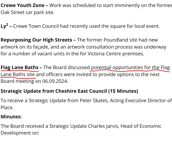 CrewePov's tweet photo. The Govt. approved the business plan for Flag Lane Baths in 2022 yet two years later instead of the project being well under way the Town Board is  discussing what to do with the site. #Crewe #LevellingUp #TownFund https://t.co/k0AyGan4U6