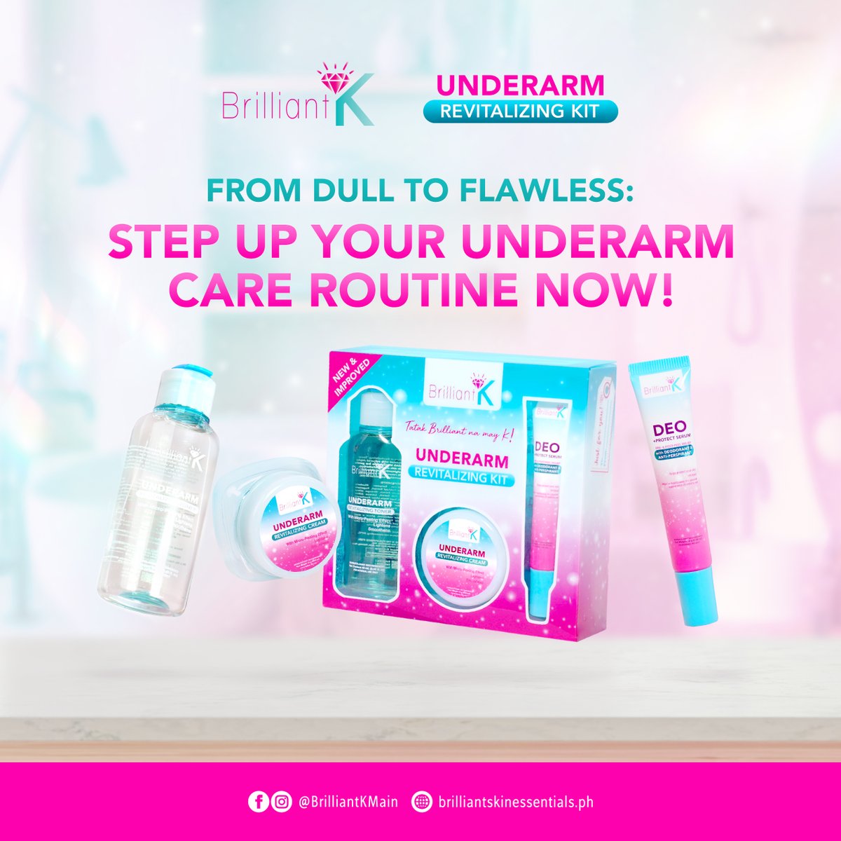 STEP UP YOUR UNDERARM CARE ROUTINE NOW! 🍃 

Brilliant K Underarm Revitalizing Kit not only keeps you fresh all day but also leaves your underarm skin feeling smooth and looking radiant. 💖

#BrilliantK #BrilliantSkinEssentials