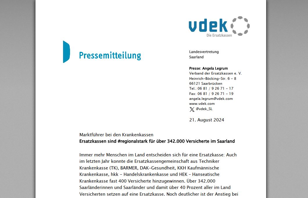 vdek_SL's tweet photo. Auch 2024 haben die #Ersatzkassen im #Saarland #Versicherte & #Mitglieder hinzugewonnen.📈 #vdek_SL freut sich, dass sich ˃ 342.000 Versicherte für eine Ersatzkasse entschieden haben. Wir sind #regionalstark für die #Gesundheit|sversorgung!💪
Mehr unter 👉https://t.co/KNdC30vmj4 https://t.co/vGtuxKCFtD