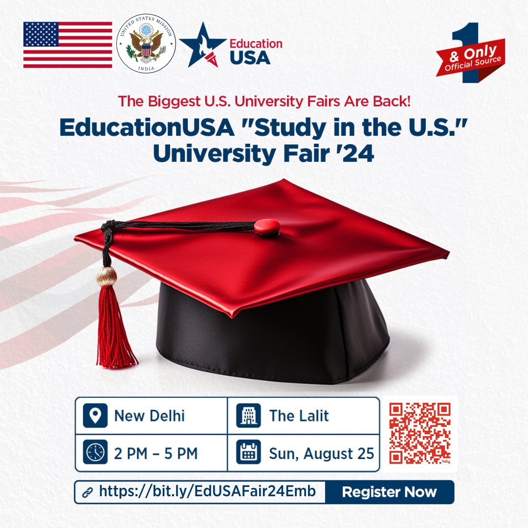 USAndIndia's tweet image. Attend the #EducationUSA U.S. University Virtual Fairs to meet 50 reputed U.S. colleges &amp;amp; universities!

Sunday, August 25, from 2:00 - 5:00 PM IST at the Lalit Hotel, New Delhi

bit.ly/EdUSAFair24Emb

#StudyWithUS #StudyintheUS