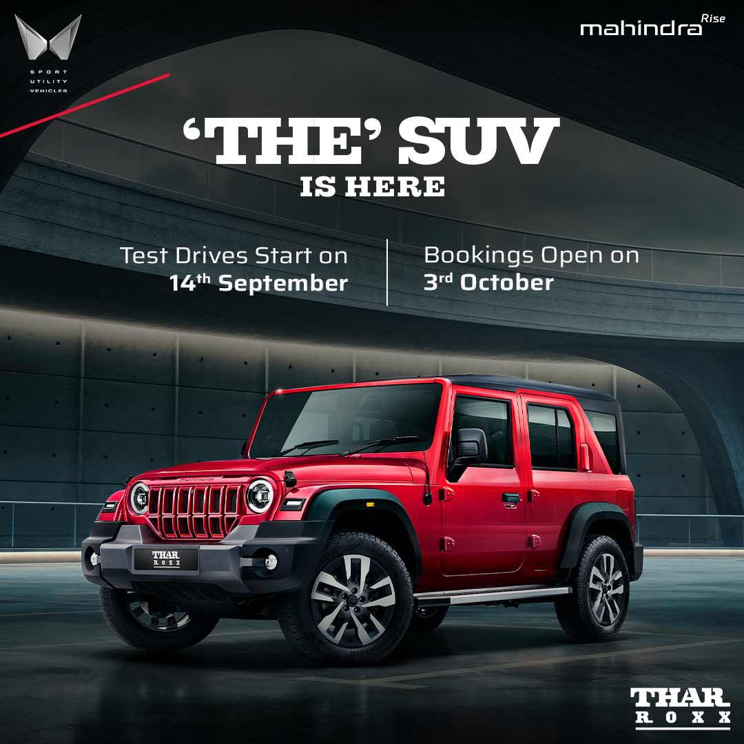 Mahindra_Thar's tweet photo. You are two steps away from owning #THESUV.
Test drives start from 14th September and
Bookings open on 3rd October. 

Know more: https://t.co/6Rx3p1ZEna

#THESUV #TharROXX #ExploreTheImpossible https://t.co/Kg1ITP7mZP